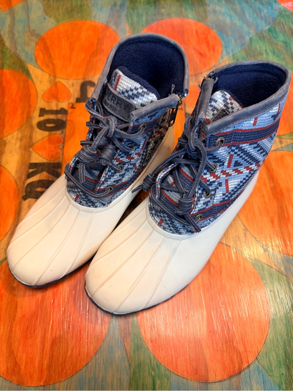 Womens Sperry sts82479 Ivory Blue Aztec Ankle Duck Boots Waterproof Size 7 Vacat